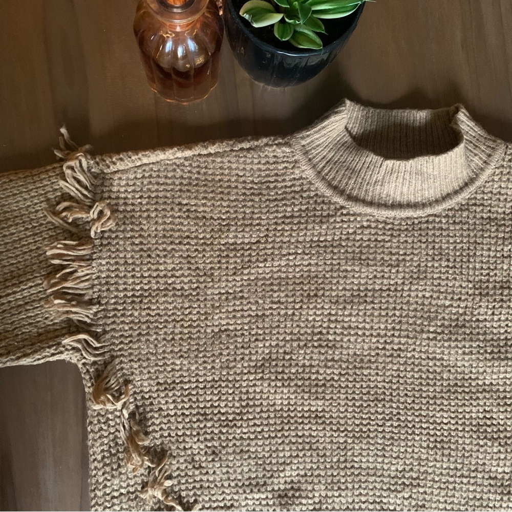 Michael Kors Ribbed Knit Sweater in Tan with 70s Fringe Detail